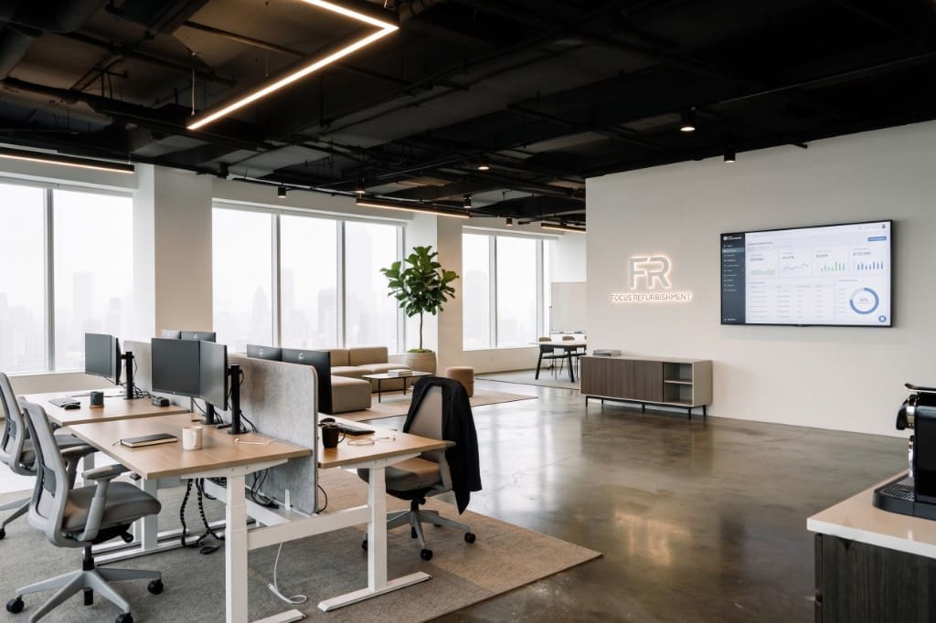 Completed commercial office fit-out with Focus Refurbishment branding, open-plan desks and polished concrete floor