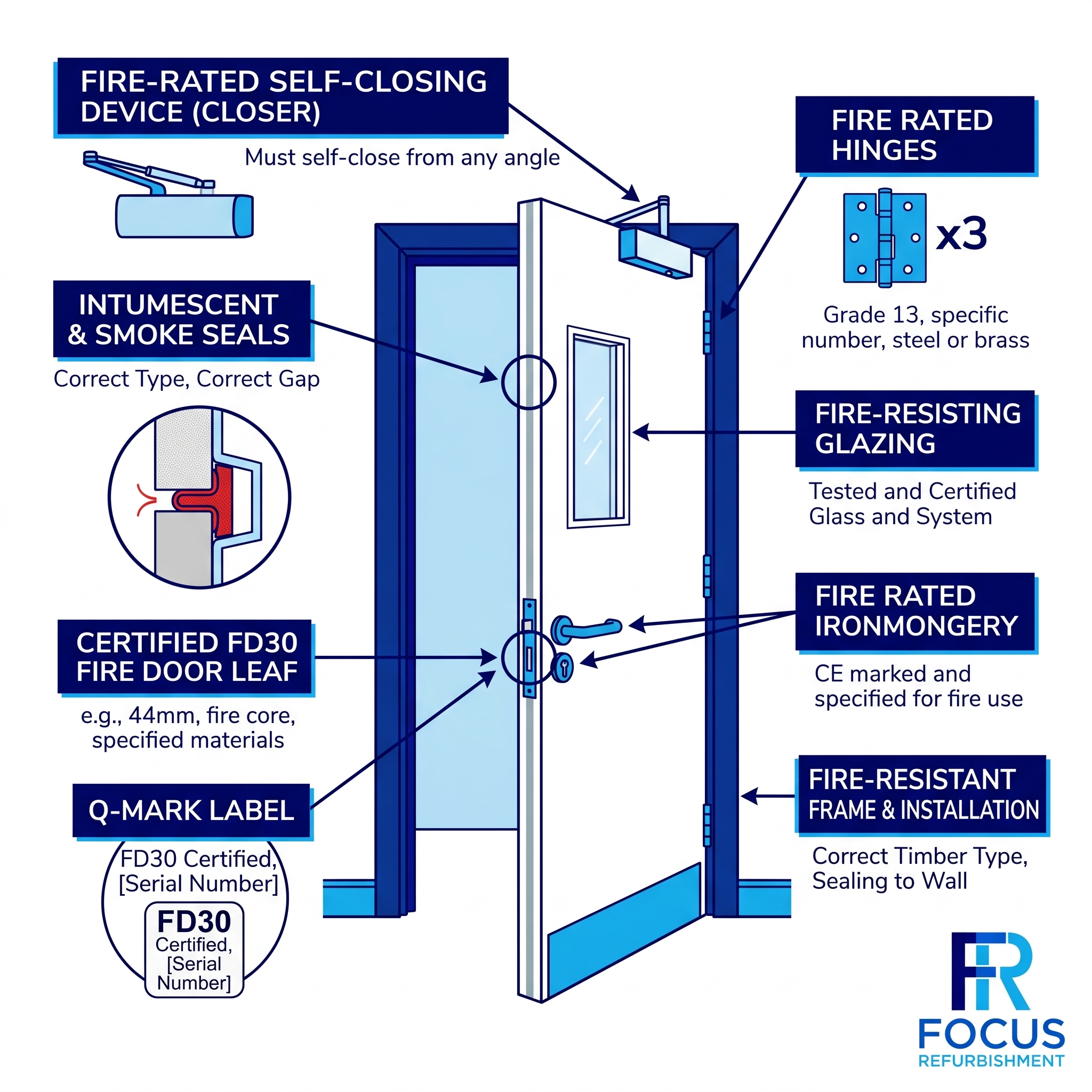 Diagram of a certified FD30 fire door showing the closer, hinges, seals, glazing, ironmongery and frame that make it compliant